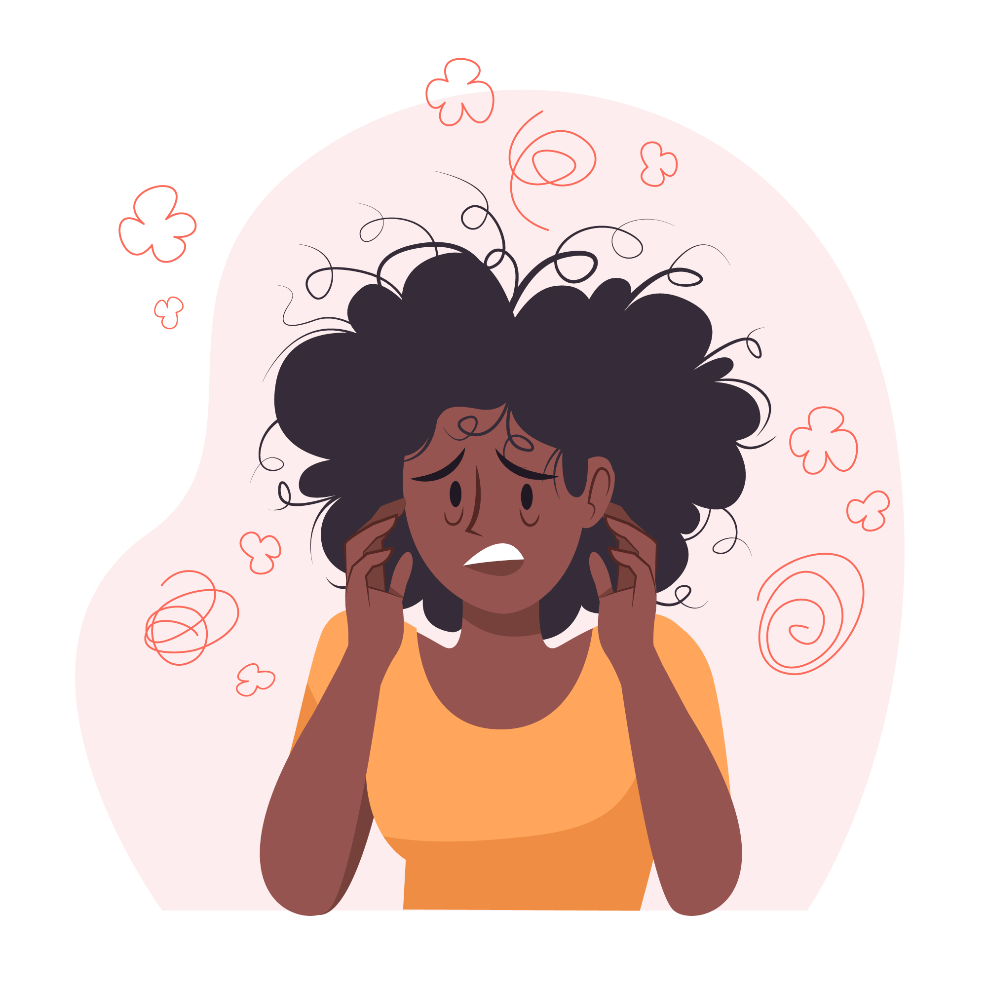 Hoe praat je het beste over stress? Illustratie van een vrouw die haar hoofd vasthoudt en er gespannen uitziet, met krullen rond haar hoofd die onrust en overprikkeling verbeelden.