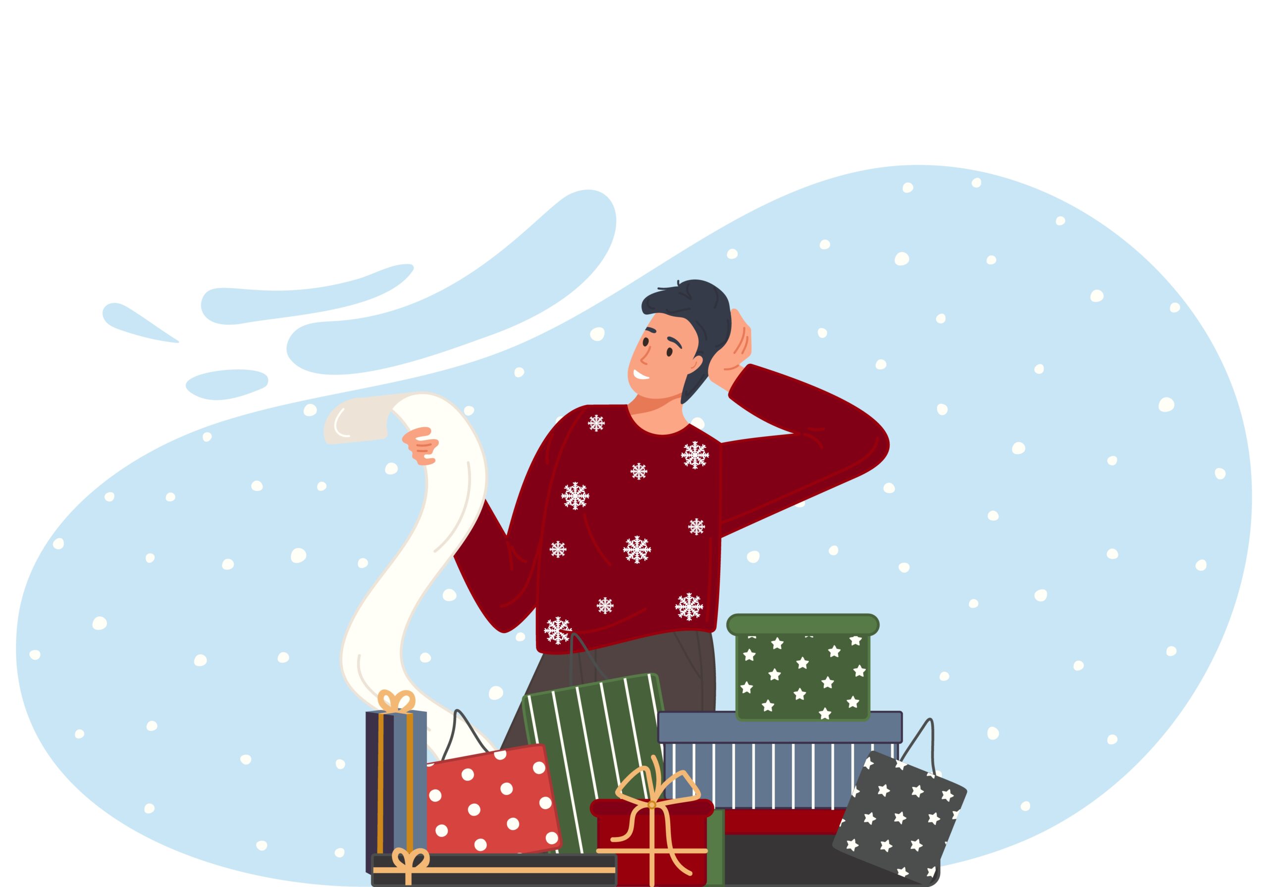 Man in een rode trui met sneeuwvlokken die een lange kassabon bekijkt en zich bezorgd achter het hoofd krabt, omringd door cadeaus in verschillende gekleurde dozen en tassen, met sneeuw op de achtergrond.