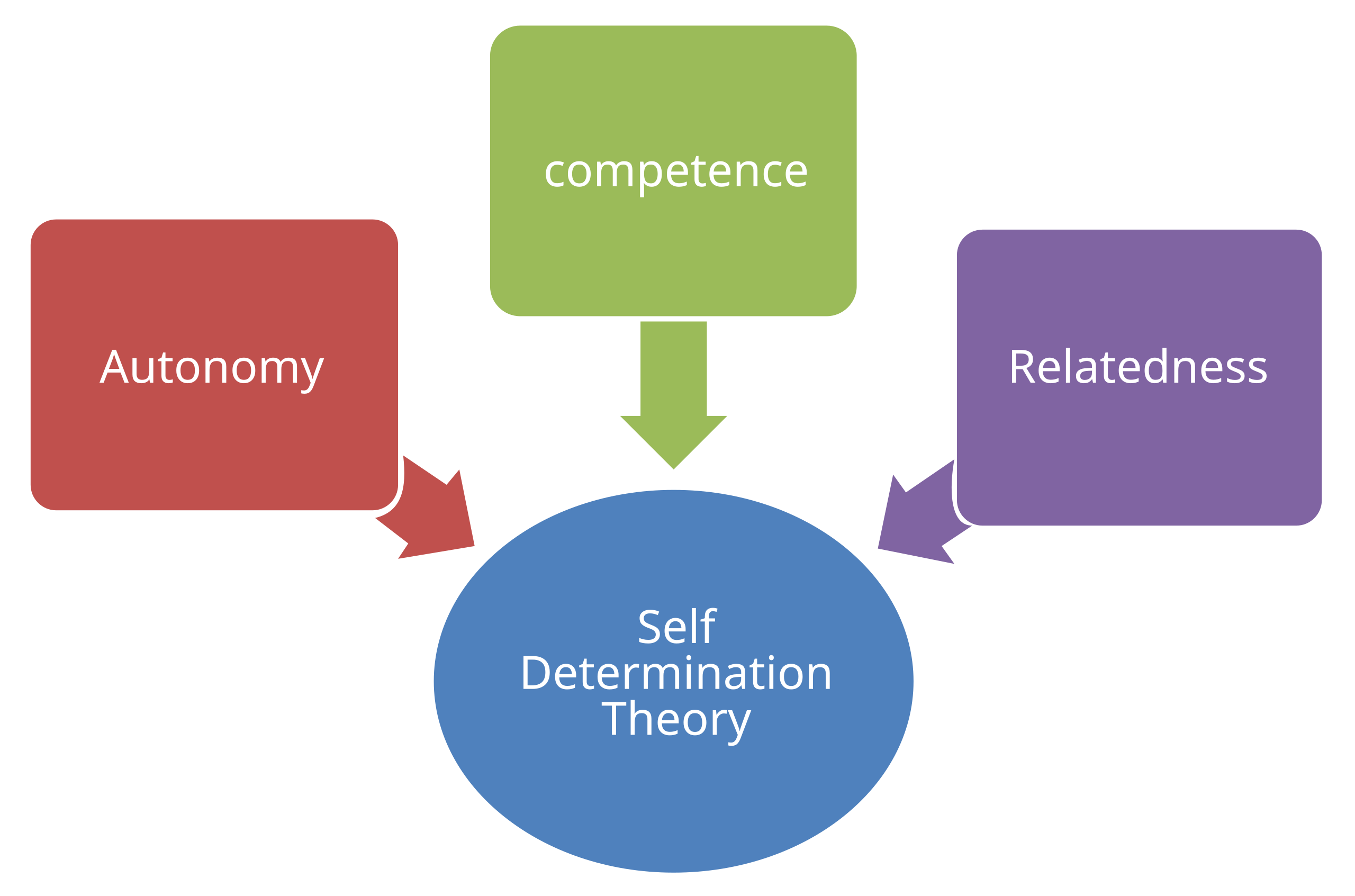 Schema van de Zelfdeterminatietheorie met drie basisbehoeften: autonomie, competentie en verbondenheid, die samen bijdragen aan motivatie en welzijn.