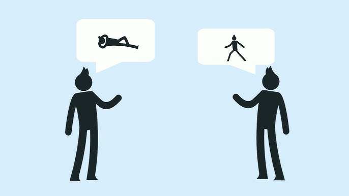 Co-creatie van de Stress Autism Mate “Illustratie van twee figuren die tegenover elkaar staan. Boven de linker figuur staat een gedachtewolk met een liggend persoon, en boven de rechter figuur een gedachtewolk met een staande persoon. Dit laat zien dat zij verschillend denken over dezelfde situatie en illustreert het co-creatieproces van de Stress Autism Mate.”
