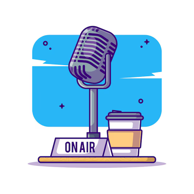 on-air-podcast-en-microfoon-cartoon-afbeelding_75802-249 Illustratie van een microfoon op een standaard met het bordje “On Air” en een koffiebeker ernaast, in een eenvoudige cartoonstijl. De afbeelding verwijst naar een podcast- of opnameomgeving.