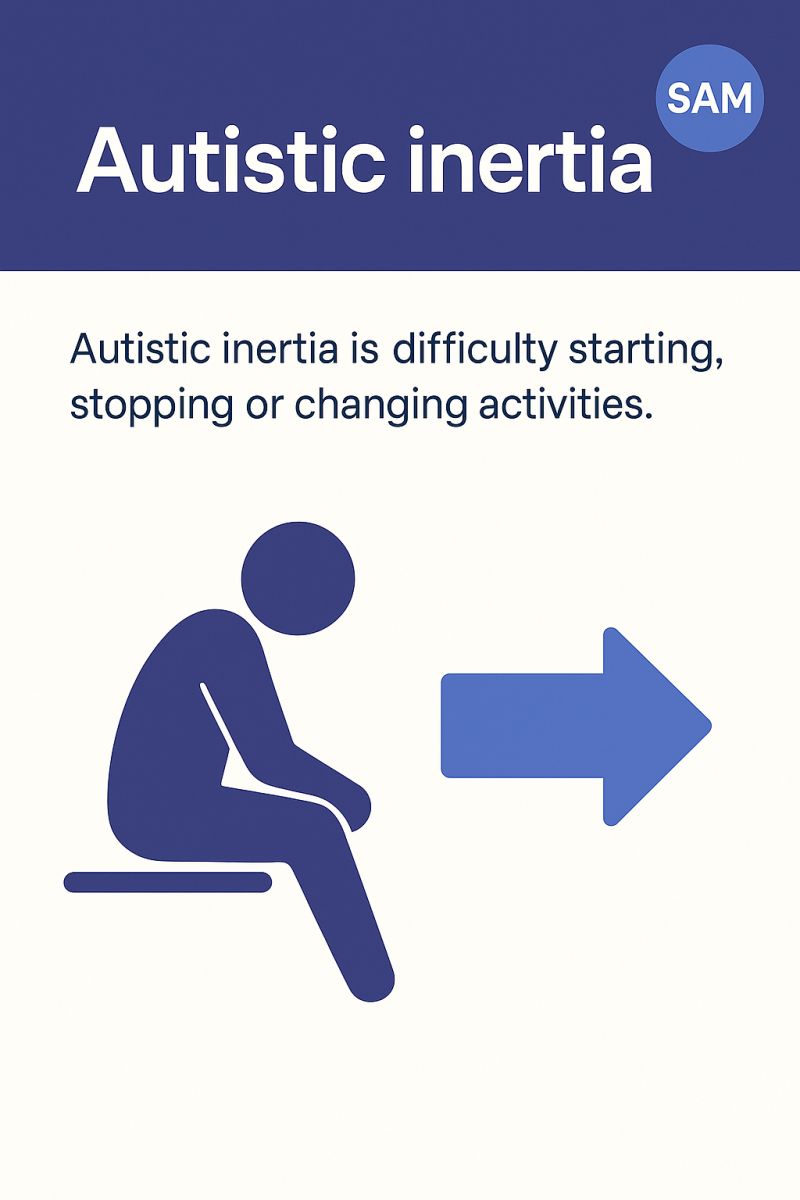 Autistic Inertia Blauwe infographic met de titel “Autistic inertia”. De tekst legt uit dat dit moeite betekent met starten, stoppen of veranderen van activiteiten. Onderaan zit een gestileerd figuur op een bankje met een pijl die vooruit wijst.