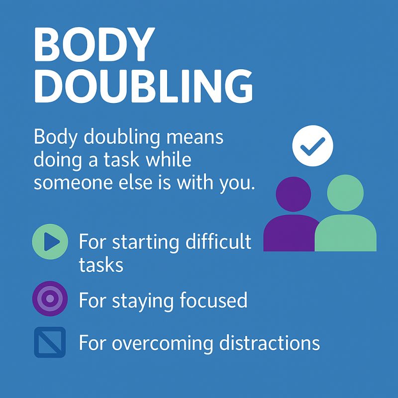 Blauwe infographic met de titel “Body Doubling”. Tekst legt uit dat body doubling betekent dat je een taak doet terwijl iemand anders bij je is. Ernaast staan pictogrammen met drie voordelen: makkelijker starten, beter gefocust blijven en minder afleiding.