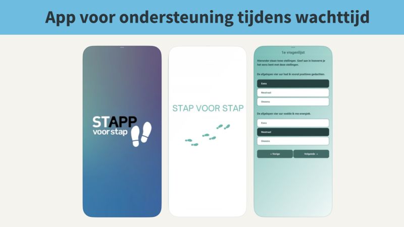 Afbeelding met de titel “App voor ondersteuning tijdens wachttijd”. Drie smartphoneschermen tonen de Stapp voor Stap-app: links het startscherm met het logo, in het midden een scherm met voetstappen en rechts een invullijst met vragen en knoppen.