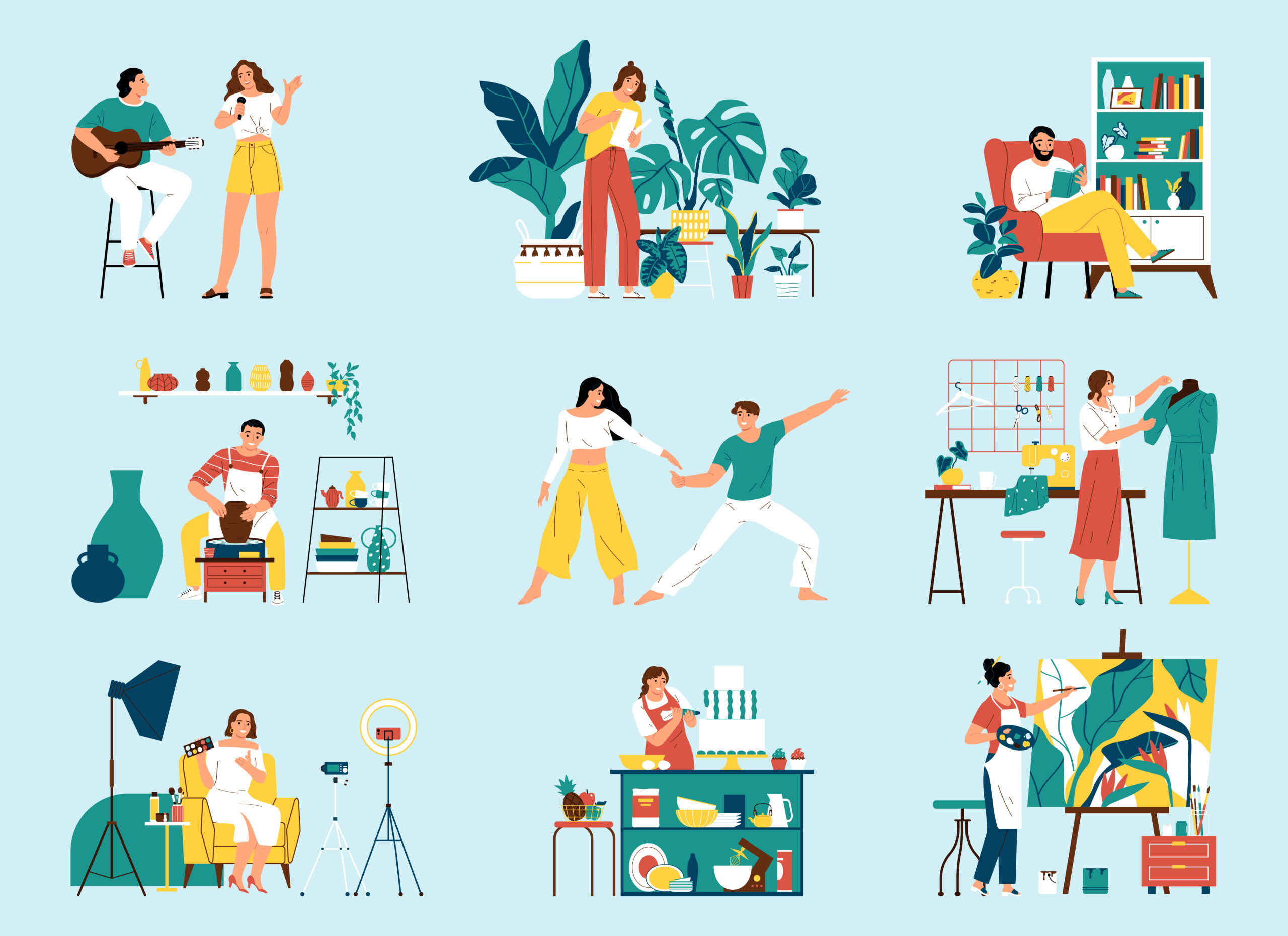 Passions Collage van illustraties met mensen die hobby’s beoefenen: muziek maken, planten verzorgen, lezen, pottenbakken, dansen, naaien, koken, schilderen en video opnemen in huiselijke omgevingen.