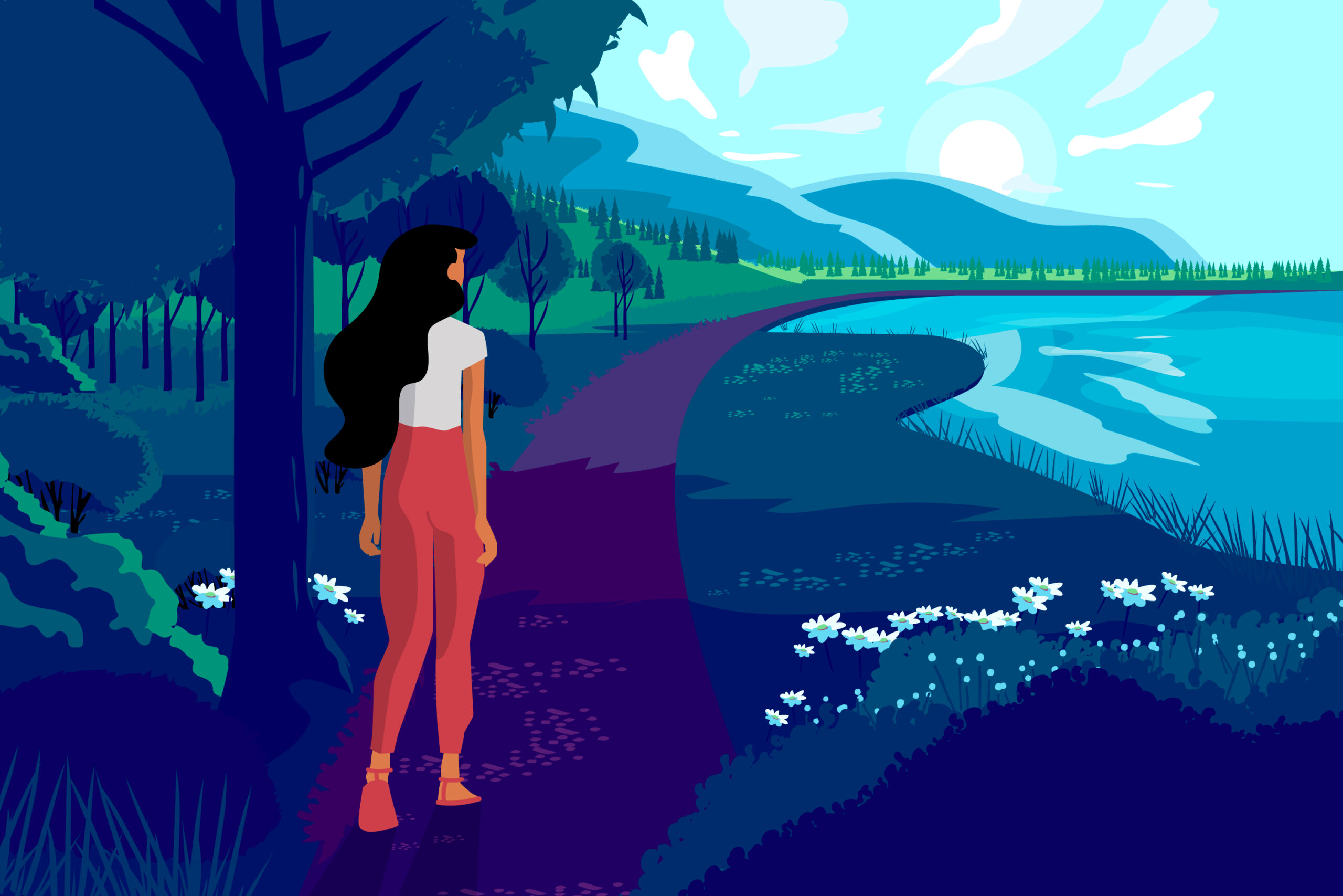 Een prettige loopmediatie Illustratie van een vrouw met lang donker haar die op een slingerend bospad staat en uitkijkt over een blauwe rivier met daarachter groene heuvels en bergen onder een lichte, zonnige lucht. Witte bloemen bloeien langs de waterkant.