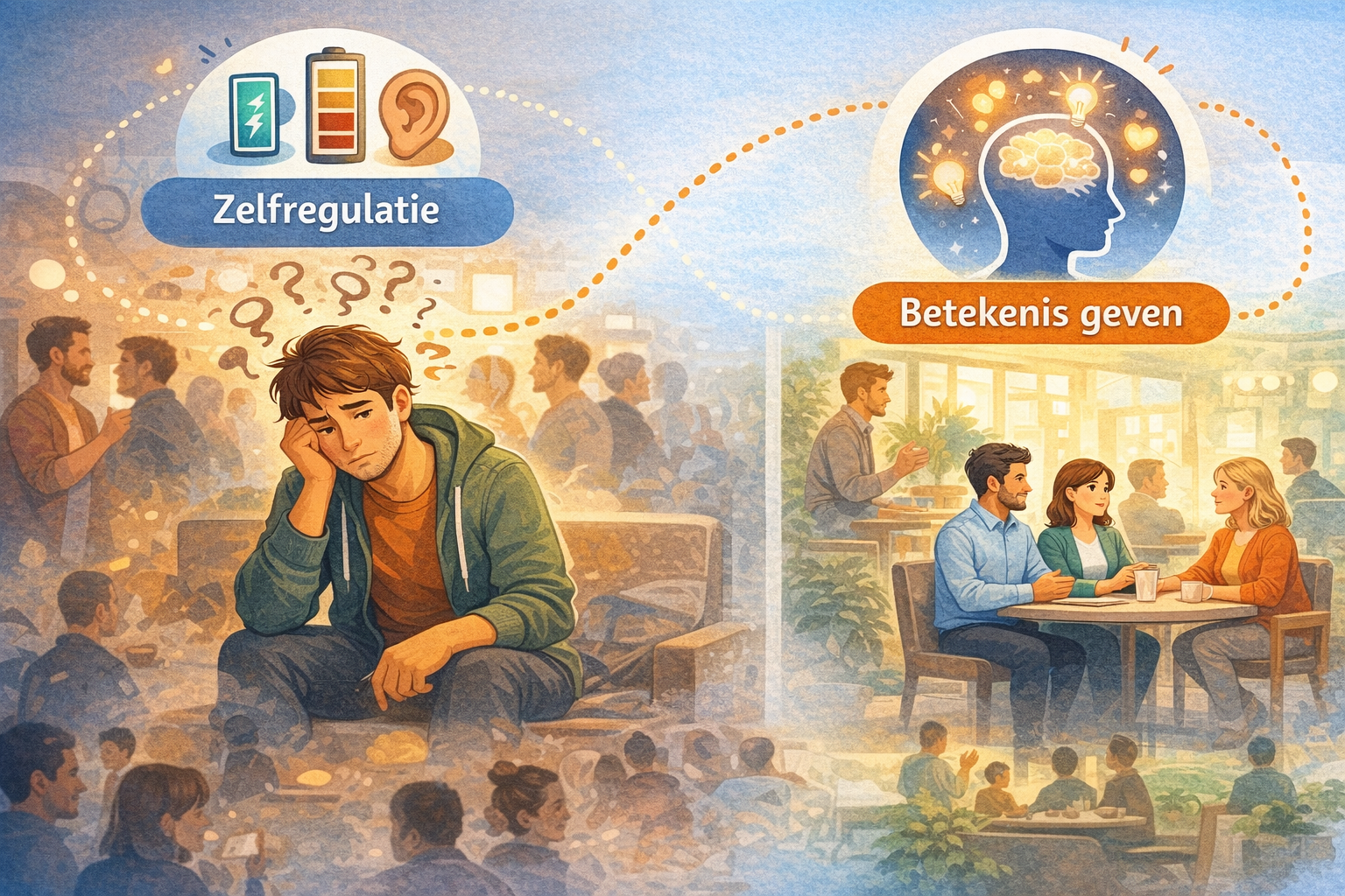 Links zit een jonge man met een bezorgde houding in een drukke sociale omgeving, met vraagtekens om zijn hoofd en het woord “Zelfregulatie” erboven. Rechts zitten drie mensen rustig aan een tafel in gesprek onder het woord “Betekenis geven”, met een lichtgevend breinsymbool erboven.