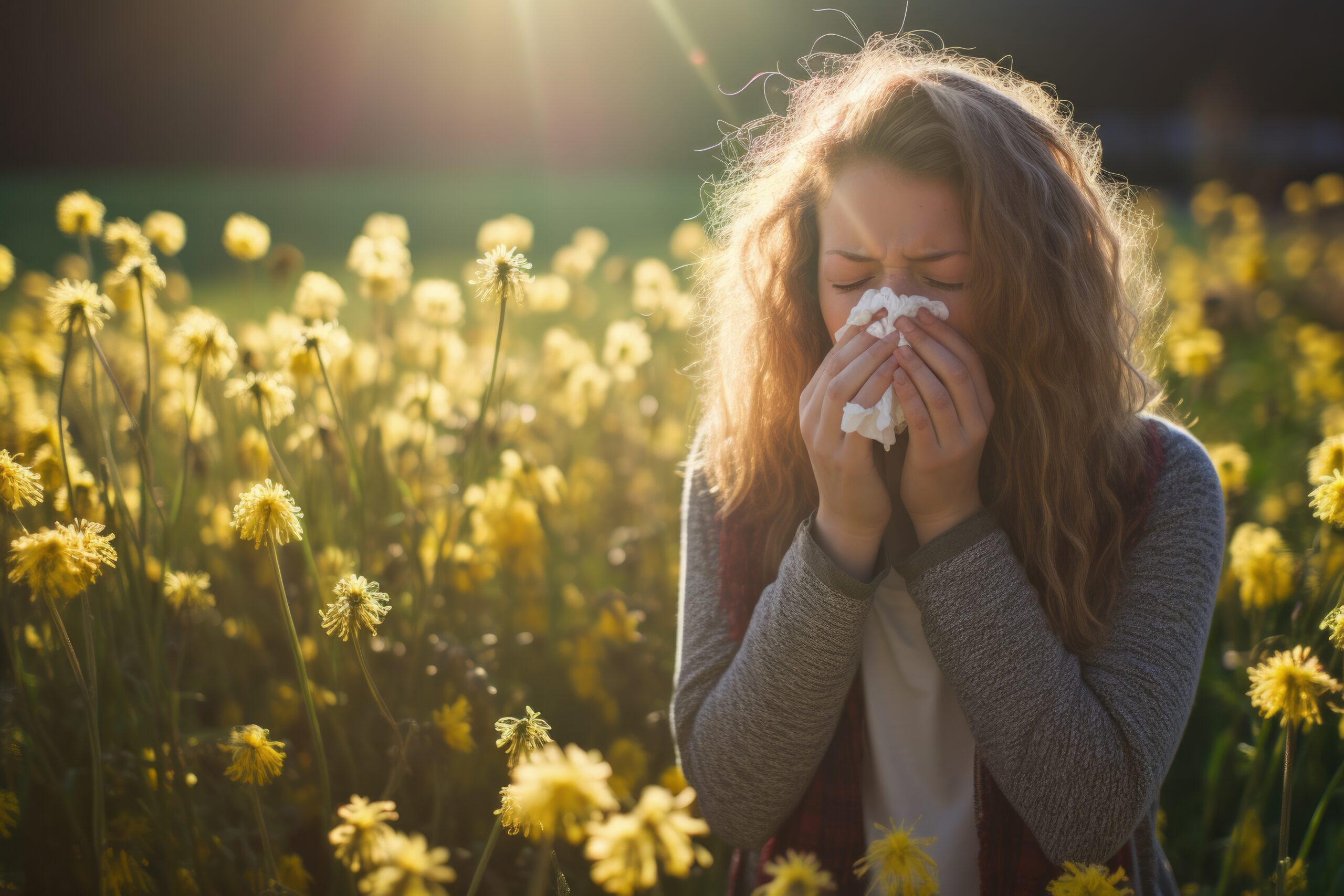 Autisme en hooikoorts Een vrouw staat in een veld met gele paardenbloemen en snuit haar neus, zichtbaar last hebbend van hooikoorts.