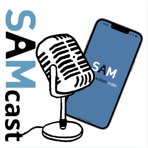 Logo SAMcast Illustratie van de SAMcast met een zwarte microfoon voor een smartphone waarop het SAM-logo zichtbaar is. Links staat het woord “SAMcast”, waarbij “SAM” in blauw is geschreven. De afbeelding symboliseert een podcast over de Stress Autism Mate-app.