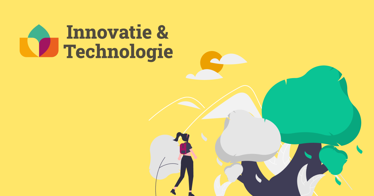 Illustratie met de tekst “Innovatie & Technologie”, met een gestileerd landschap (bomen, bergen en zon) en een persoon die wandelt.