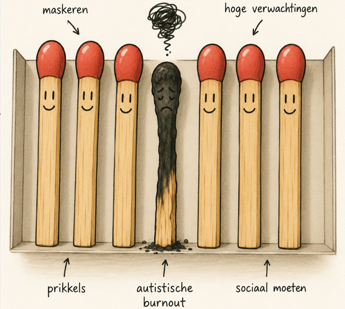 Autistische burnout Cartoon van een rij lucifers in een luciferdoosje. Alle lucifers staan rechtop en glimlachen, behalve één lucifer in het midden. Die is zwartgeblakerd, kijkt verdrietig en rookt nog na. Rondom staan woorden als "maskeren", "prikkels", "hoge verwachtingen", "sociaal moeten" en onder de verbrande lucifer "autistische burnout".